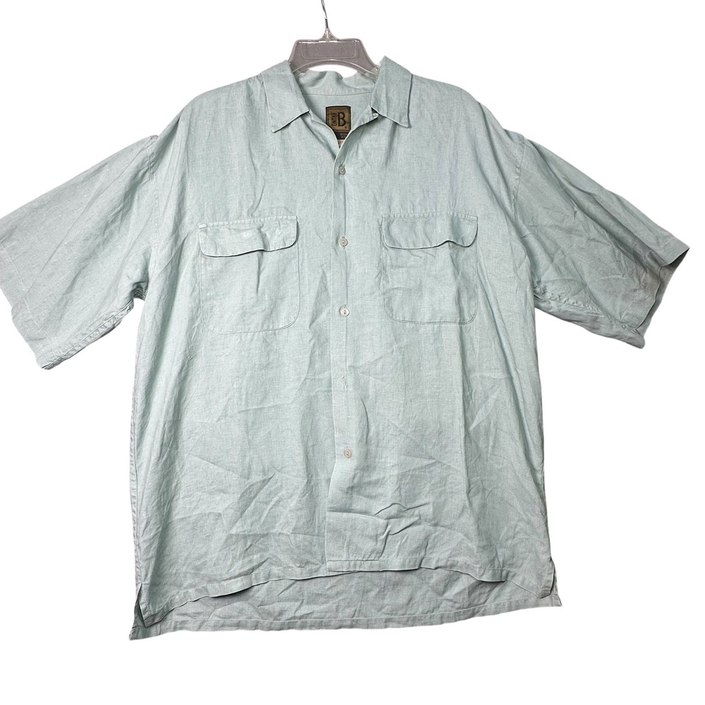 Bruno Mens 100% Linen Short Sleeve Button Down Shirt Sage Green Relaxed Medium